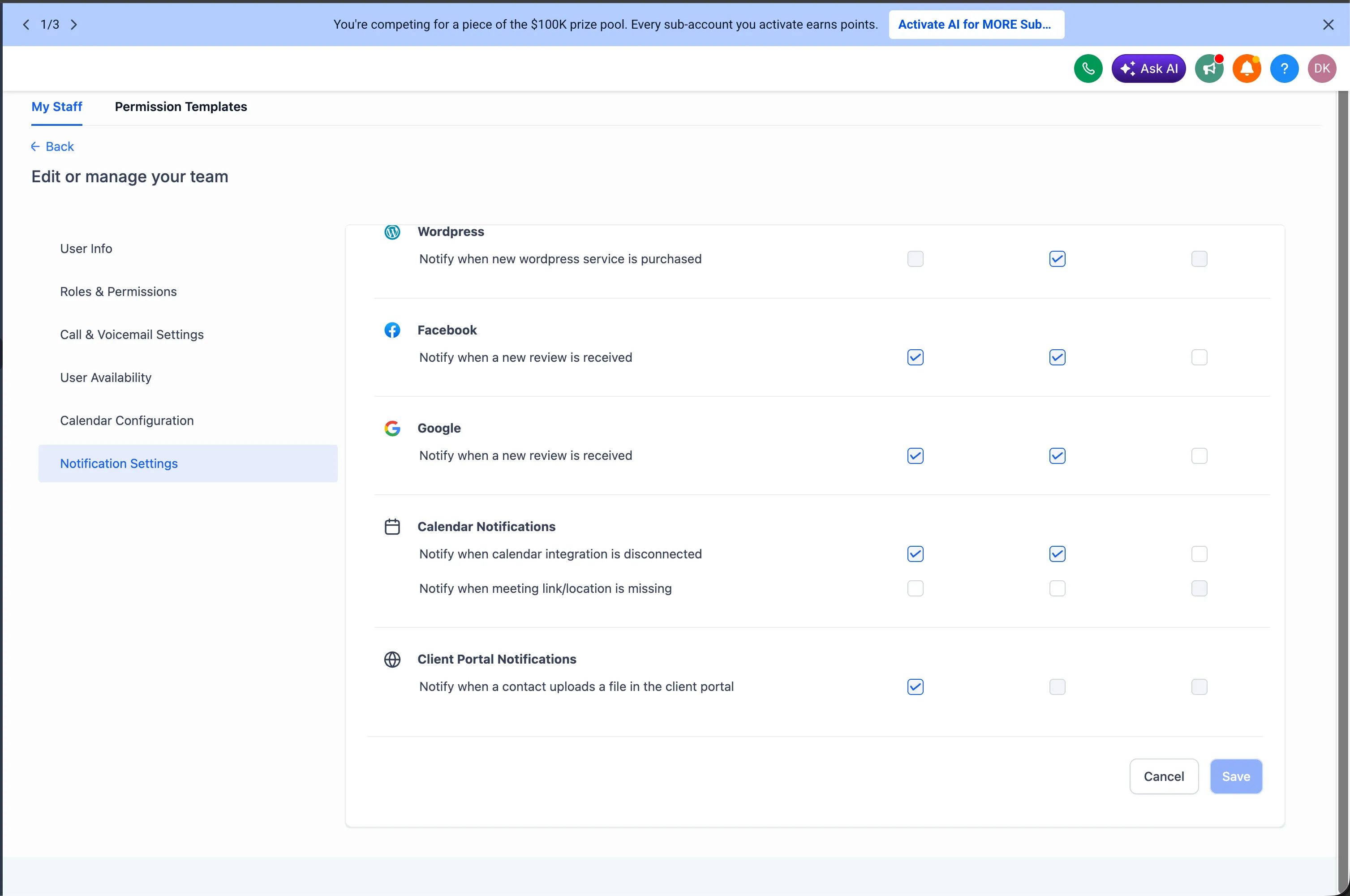 Client Portal notification settings