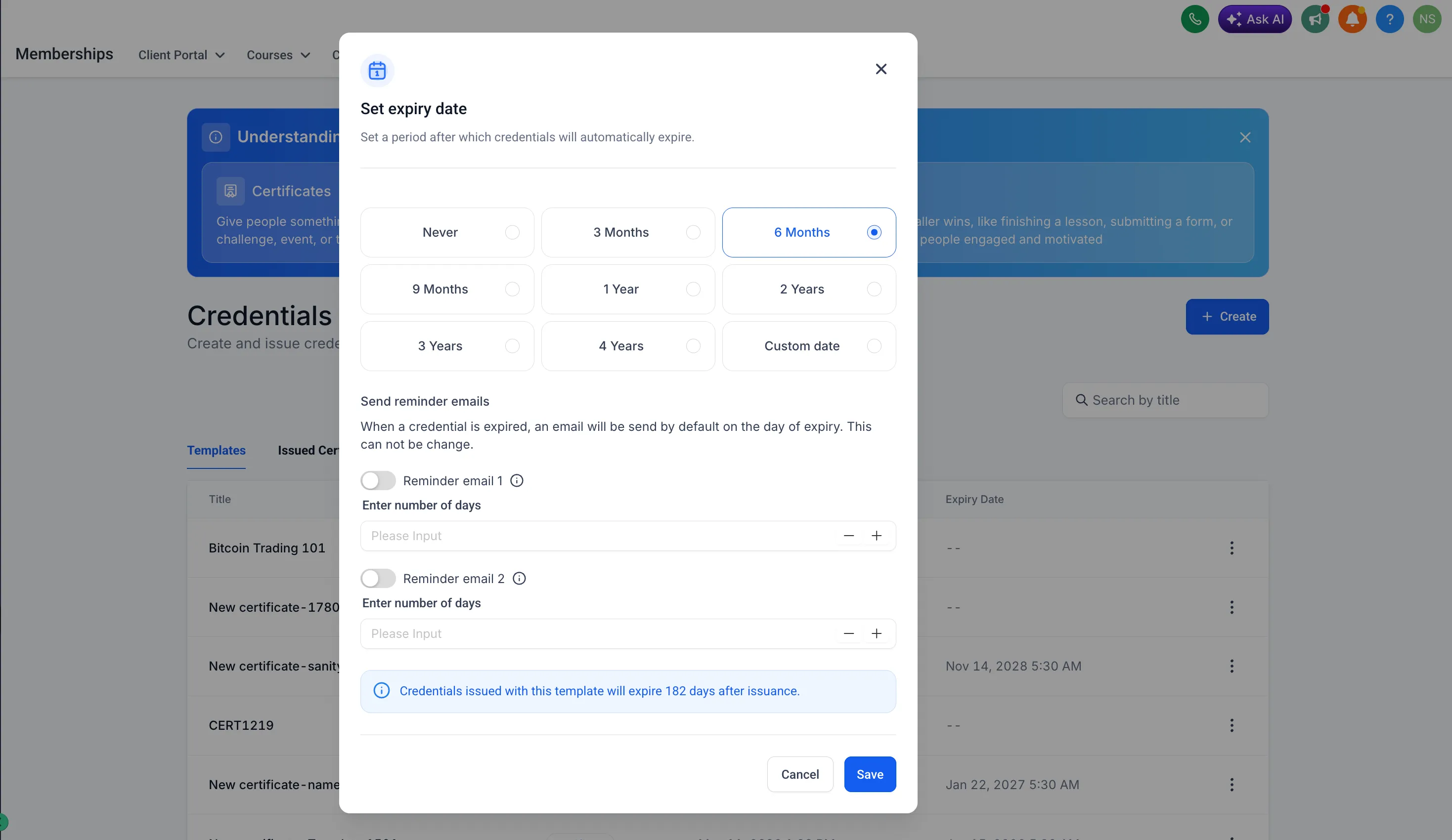 Certificate expiration settings
