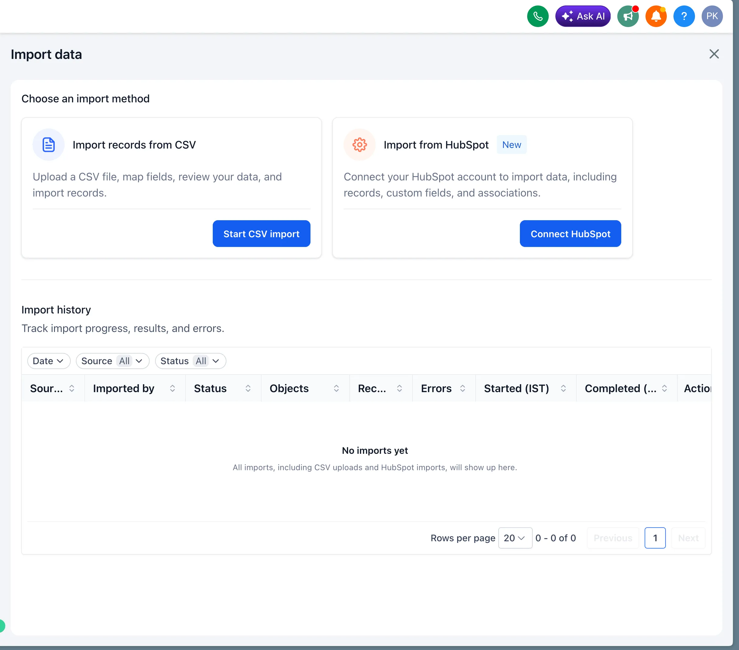 Import from HubSpot option in SMBcrm