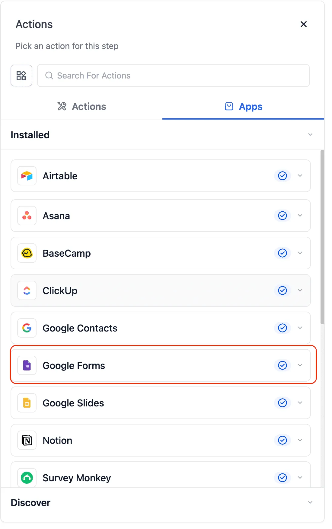 Google Forms workflow action with Found and Not Found branches in SMBcrm