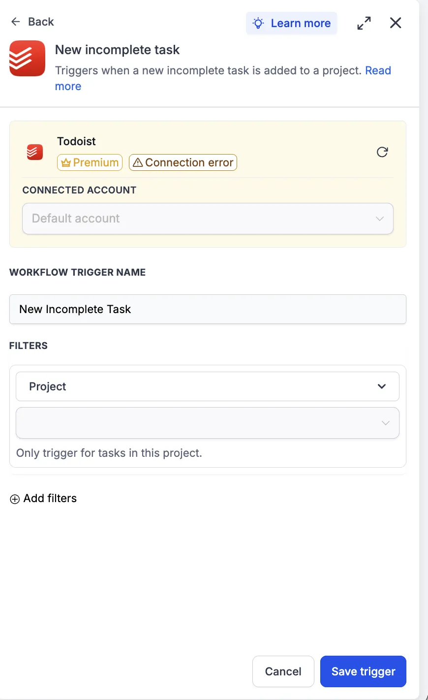 Todoist trigger configuration in SMBcrm