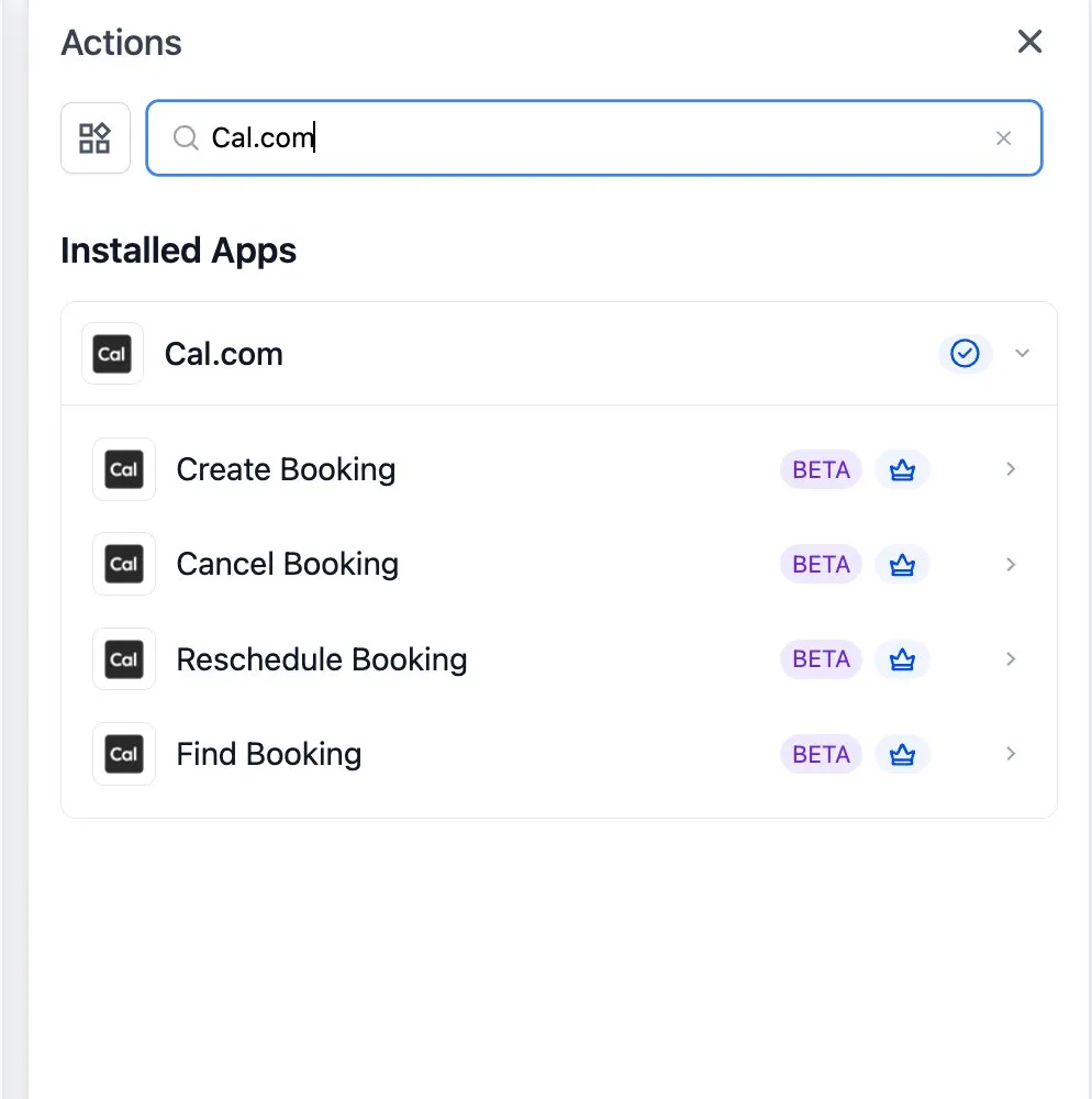 Cal.com workflow action list