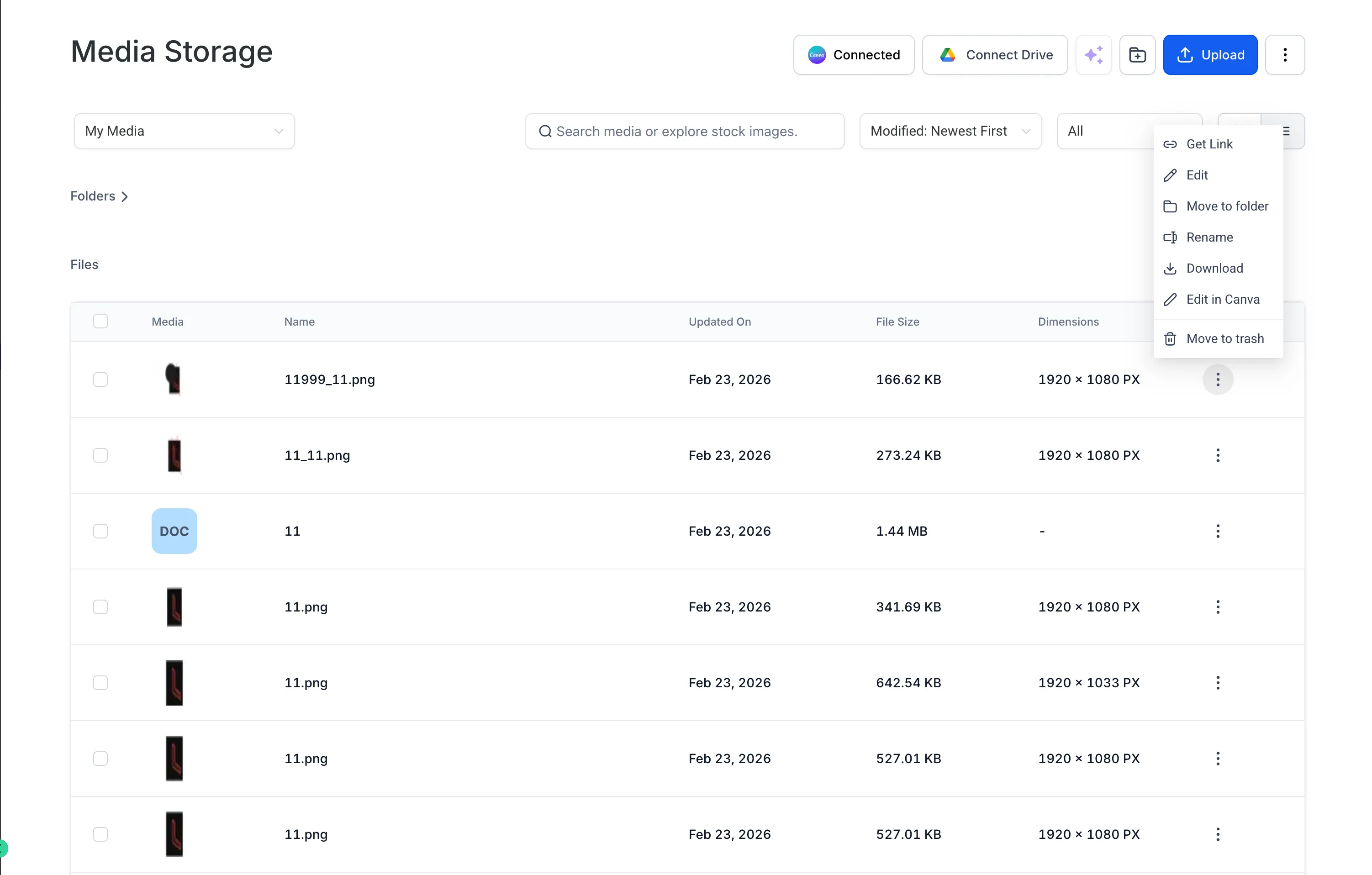 Canva assets in My Media