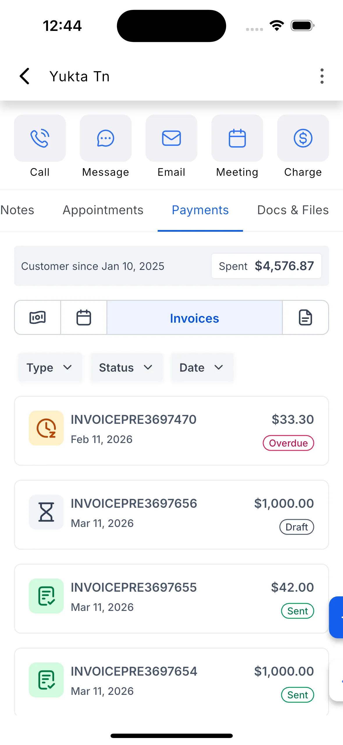 Payments tab in an opportunity record