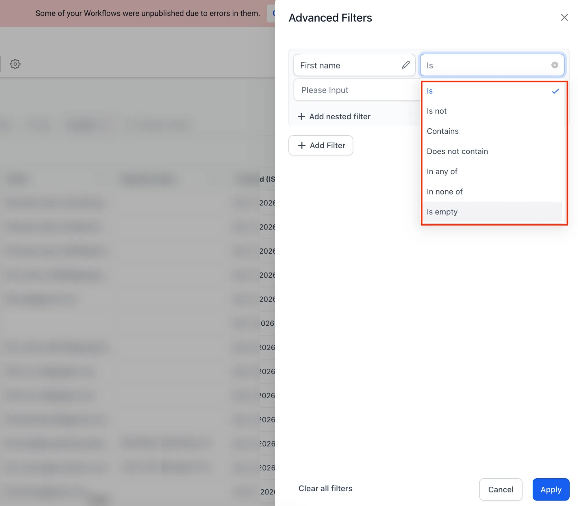 String filter operators