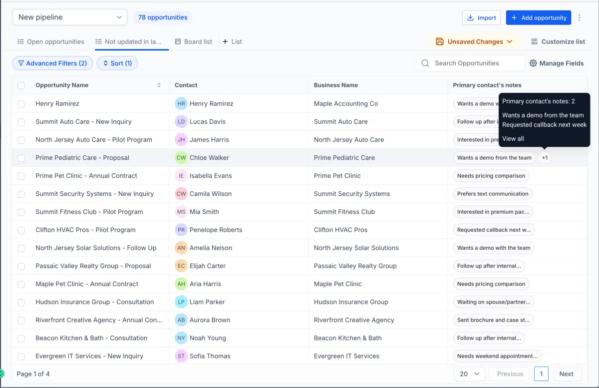Primary Contact Notes column in Opportunities List view