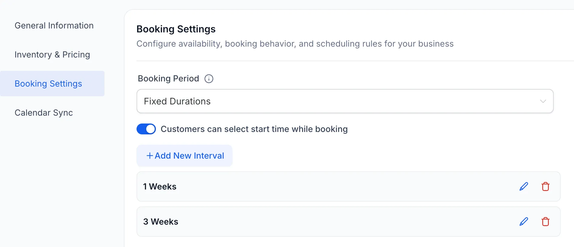 Rentals Booking Period Fixed Durations
