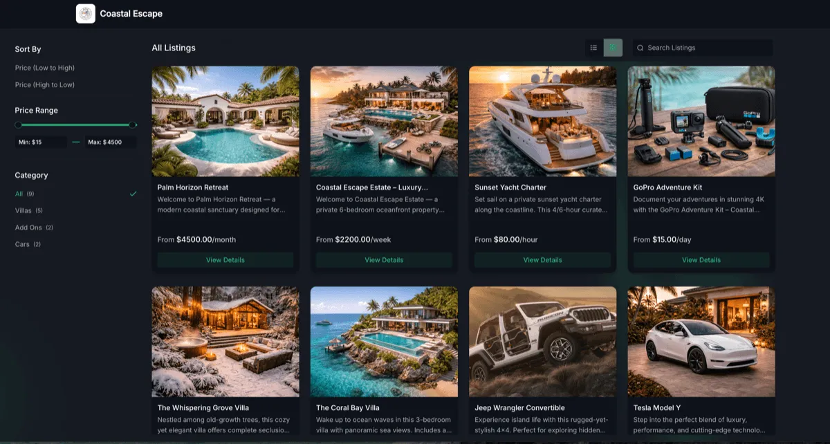 Rental booking page directory