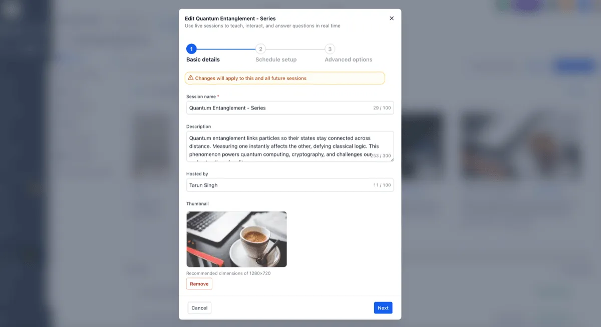 Course live session notifications