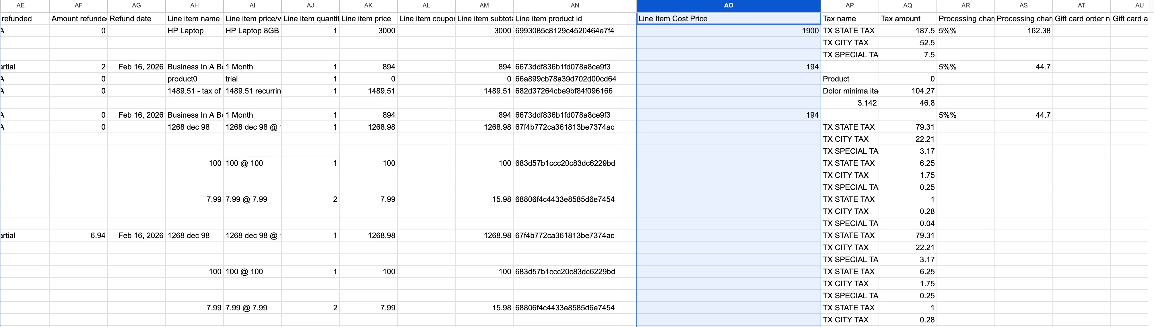 Transactions export with line item cost price