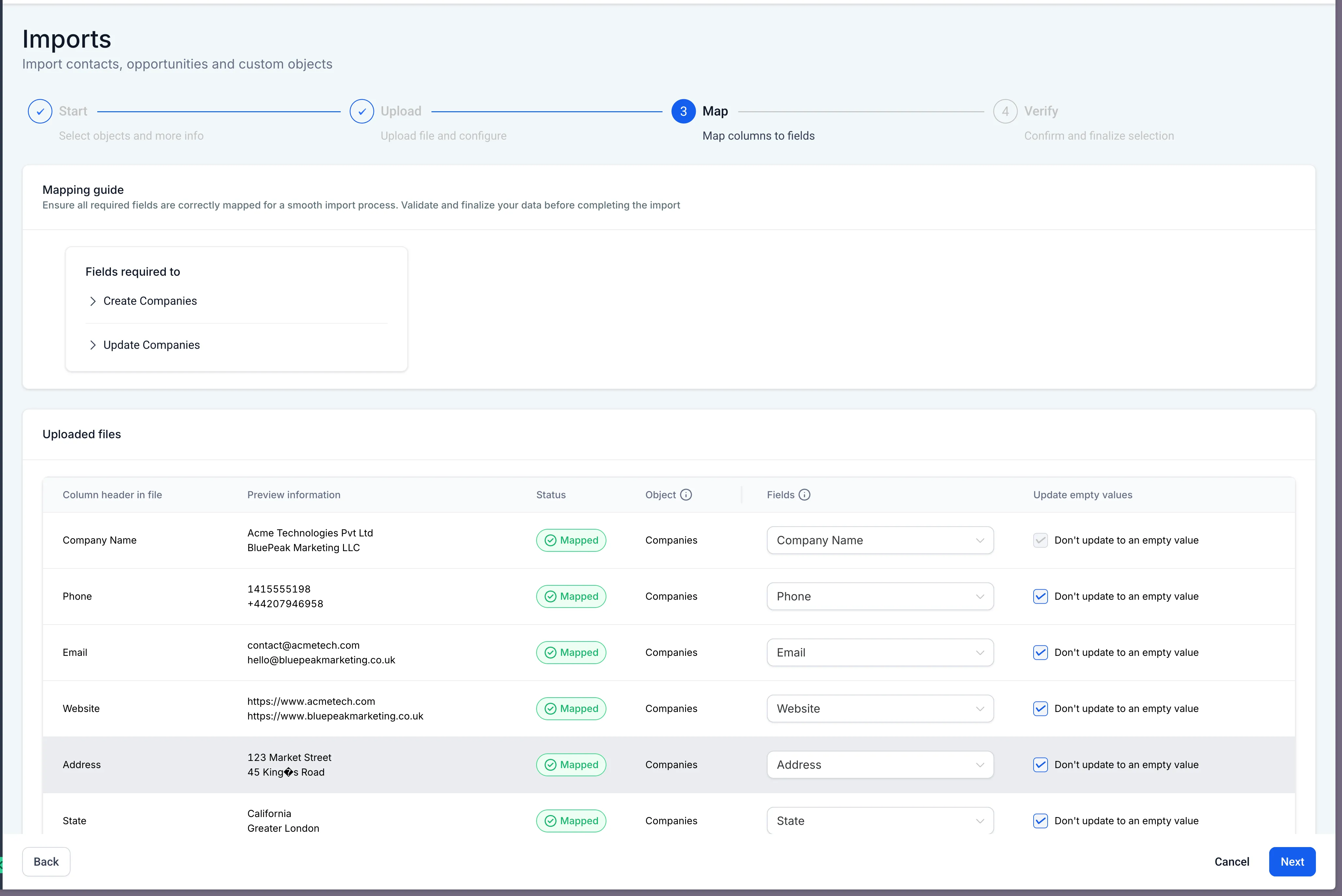 Field mapping with preview data