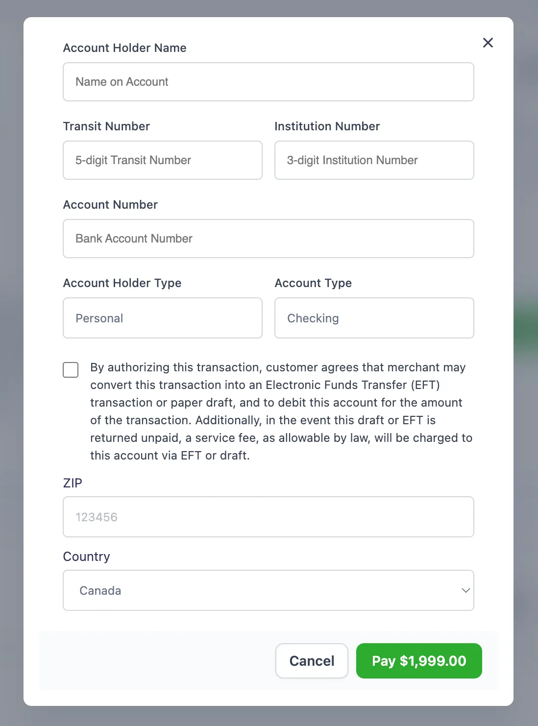 ACH on invoice for Canada bank