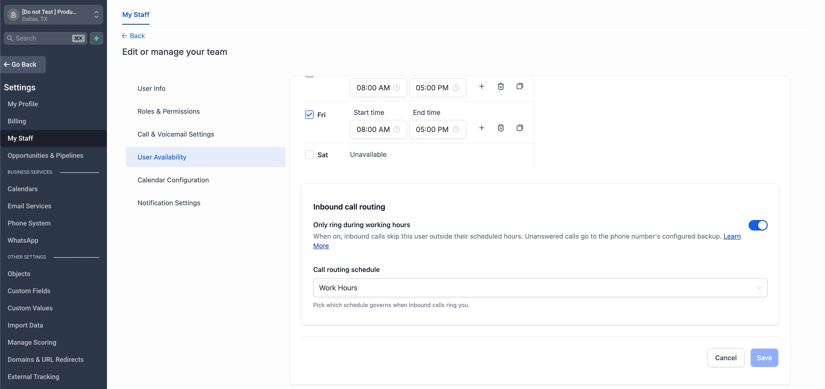 User availability settings for admins