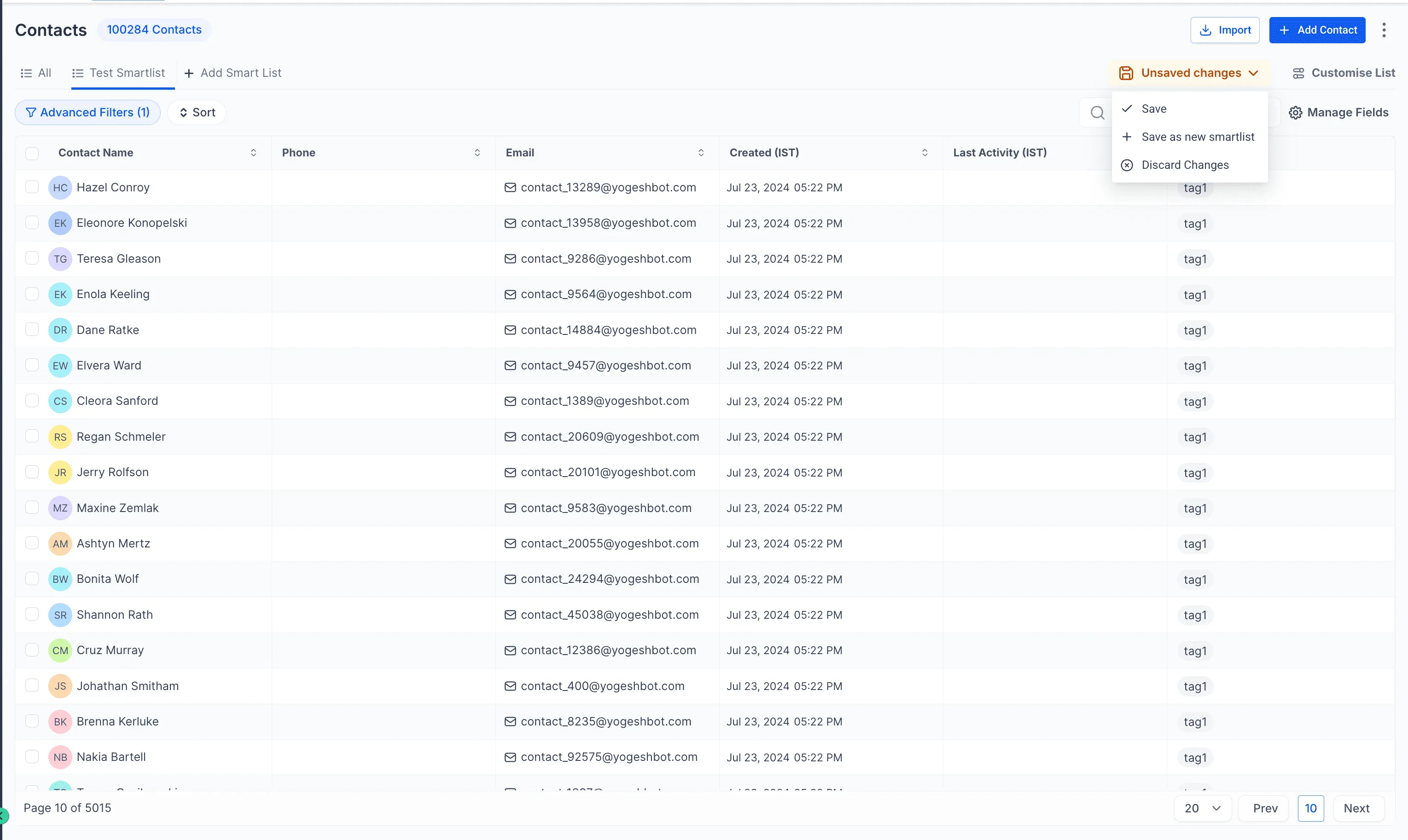 Customized Contacts list view with reordered columns in SMBcrm