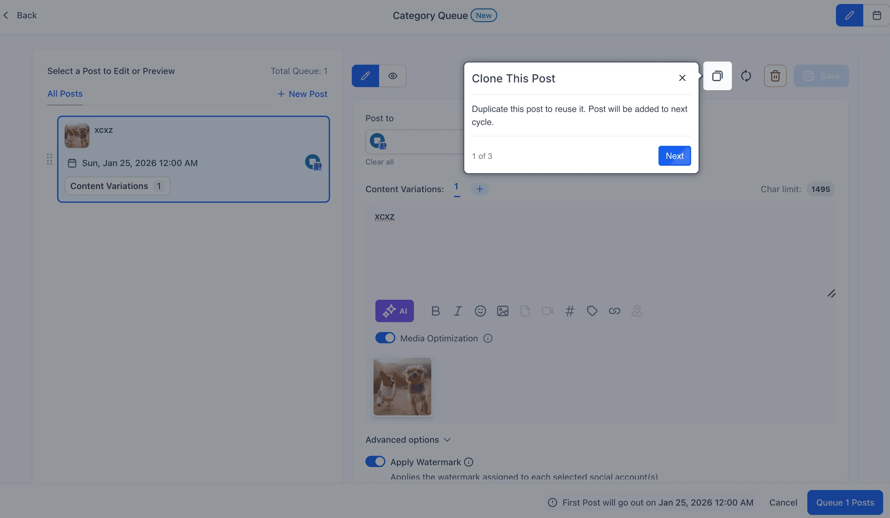 Edit Category Queue interface with caption and frequency settings in SMBcrm