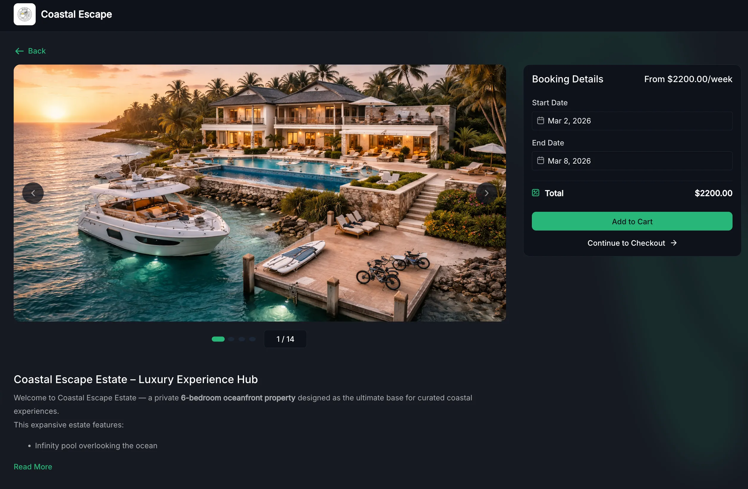 Rental booking page details