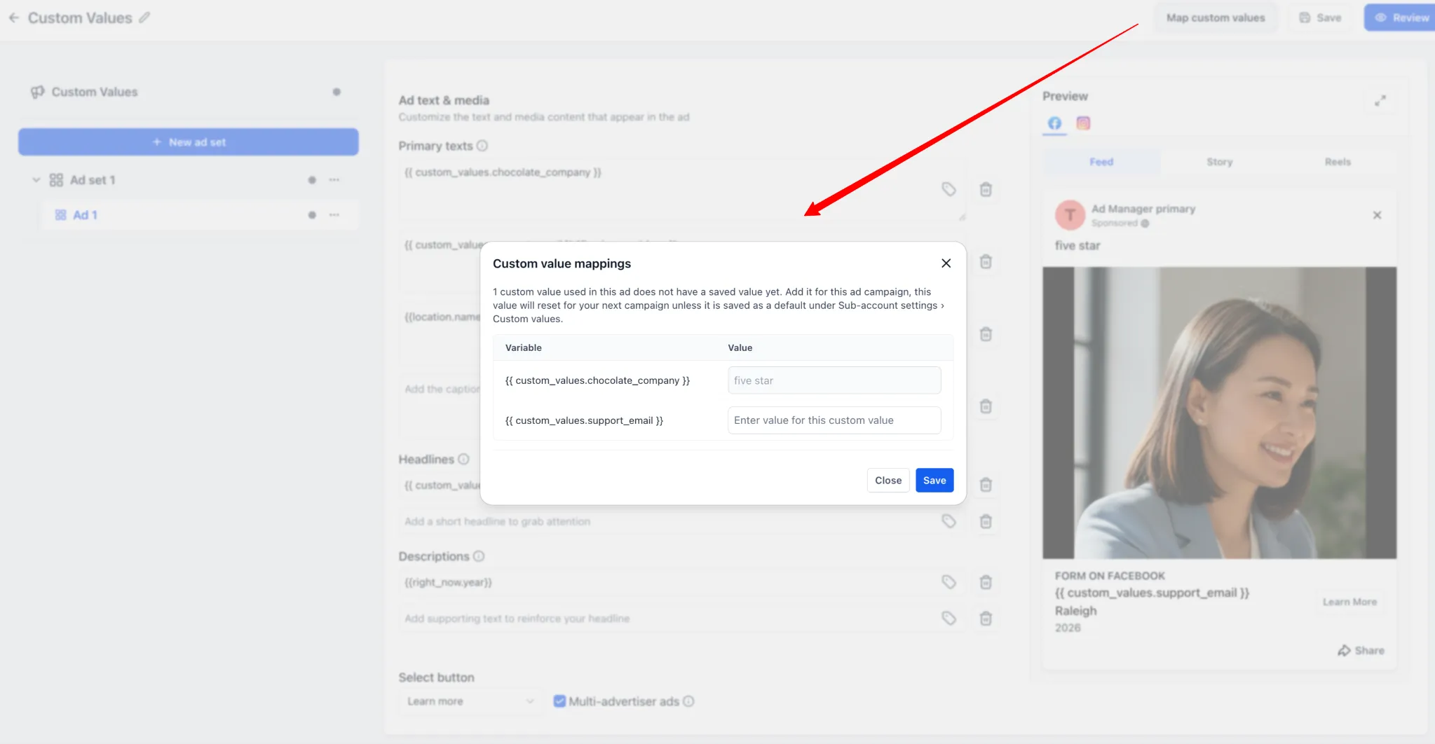 Map custom values before publishing