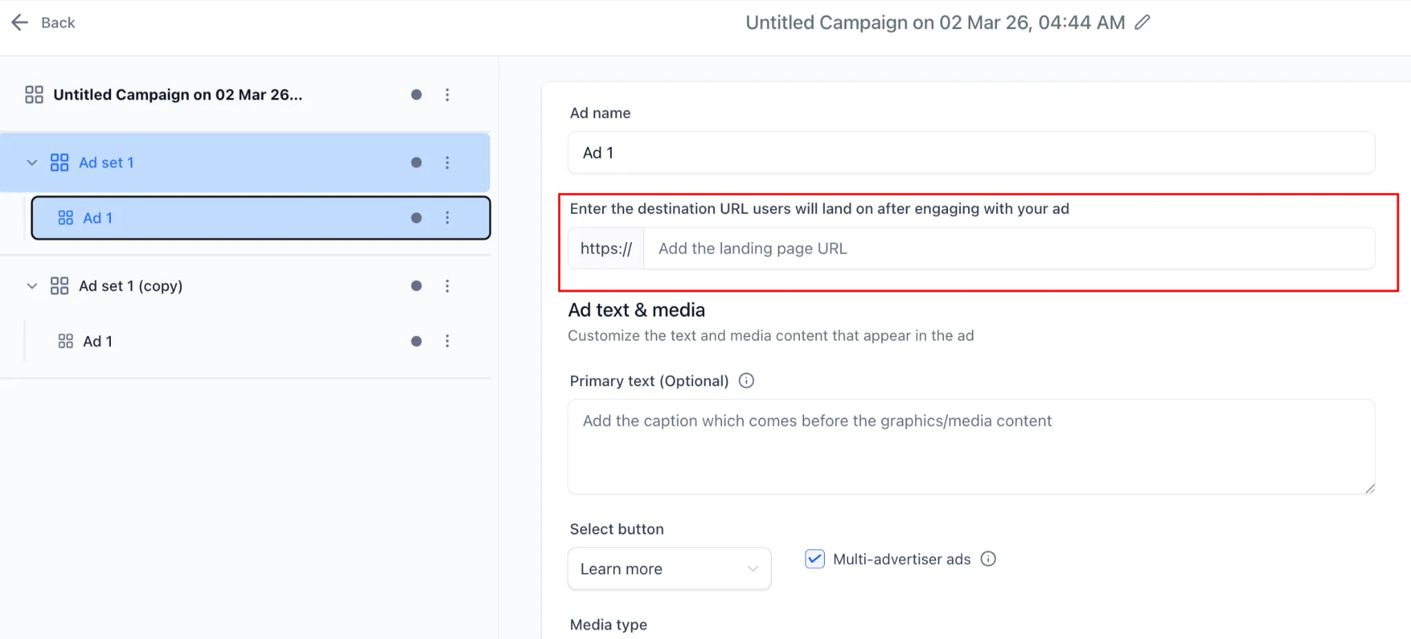 Destination URL field