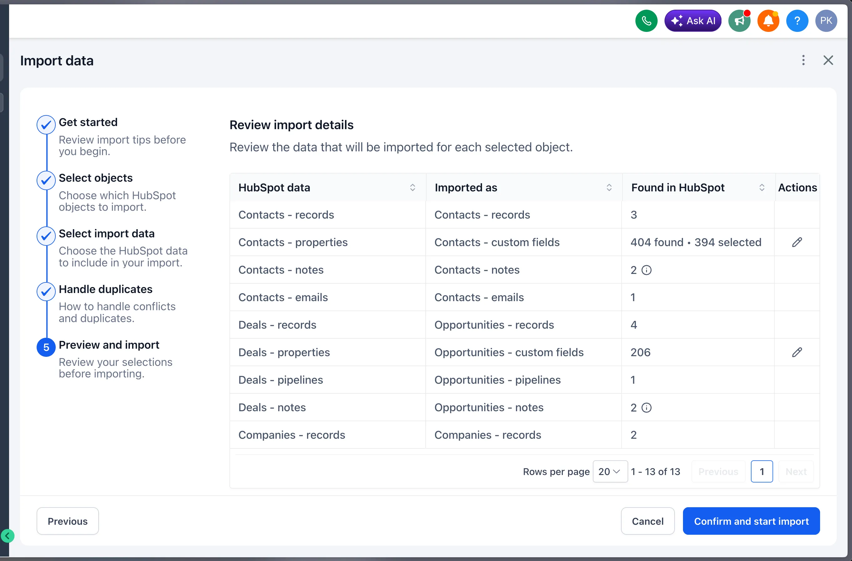Reviewing HubSpot import data before starting