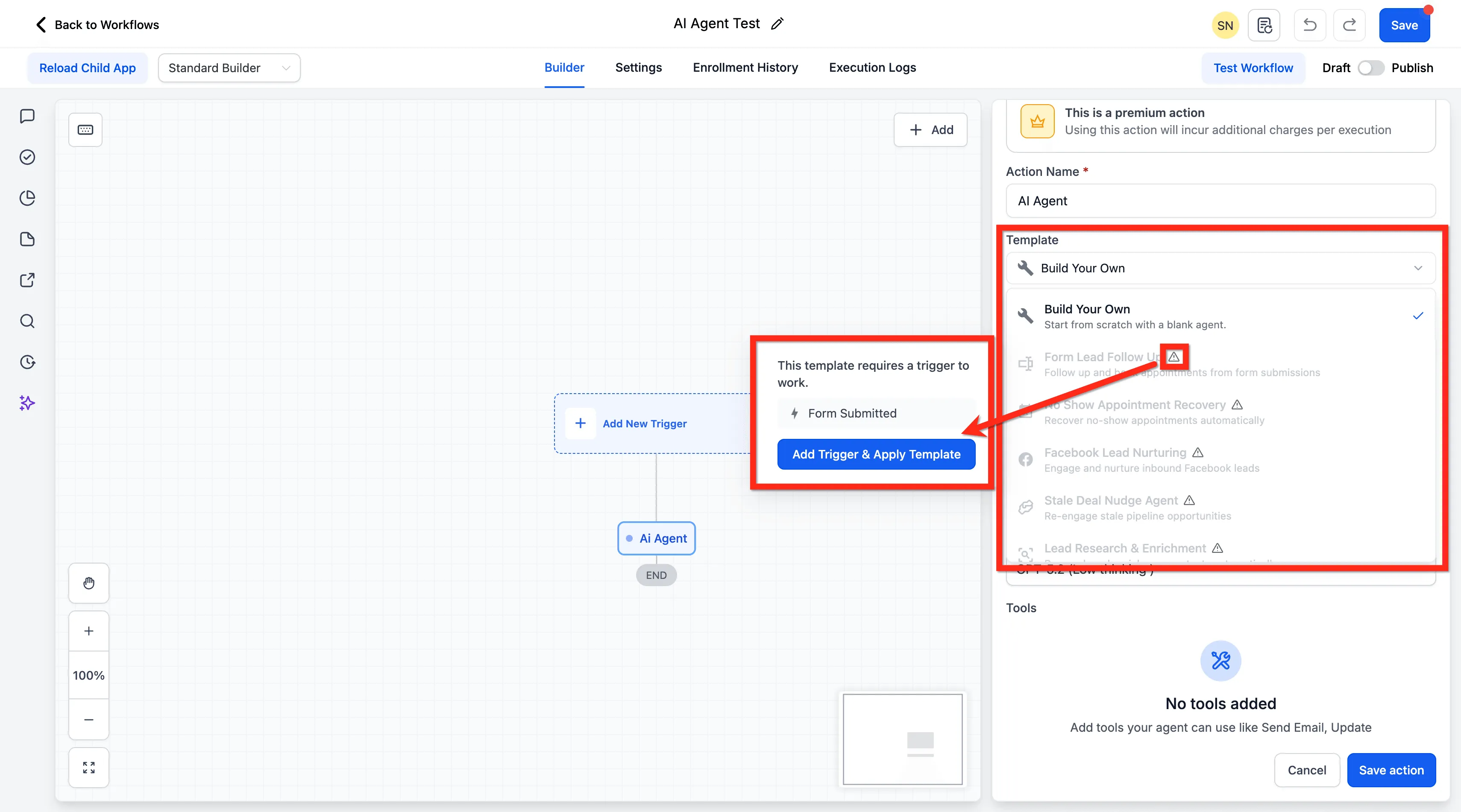AI Agent action settings showing the template picker and Add Trigger & Apply Template prompt