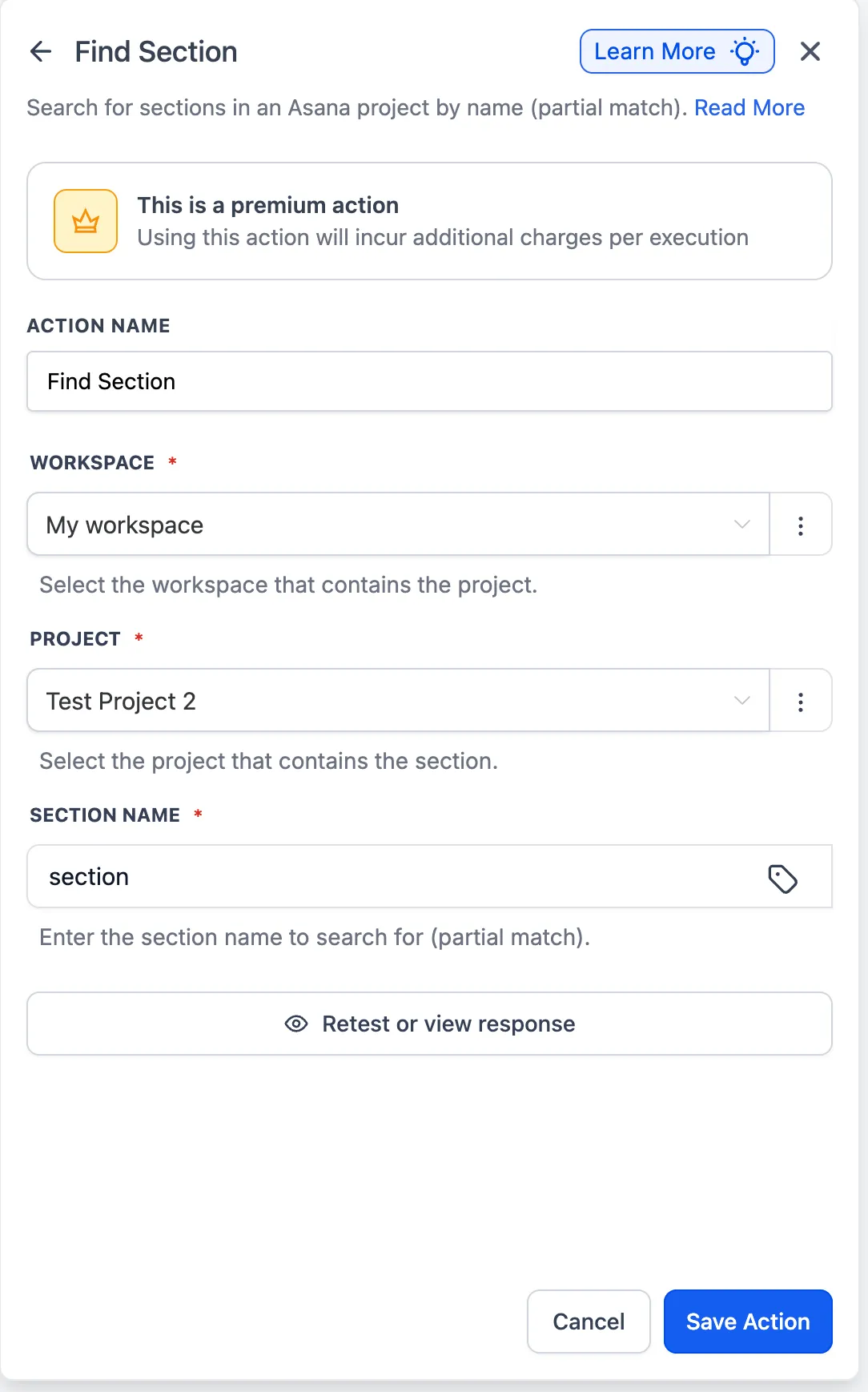 Find Section action details