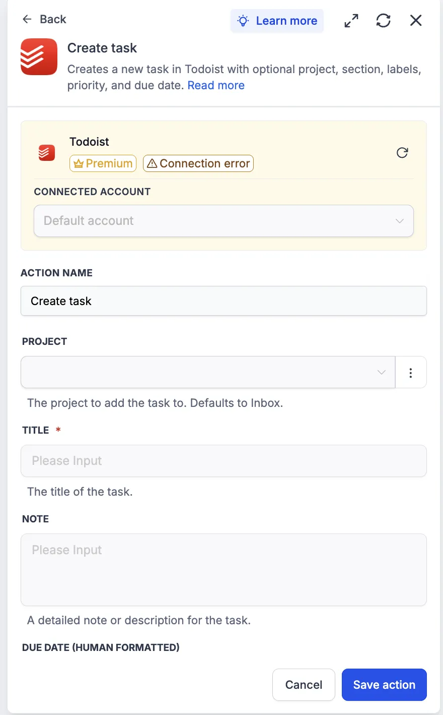 Todoist create task action in SMBcrm