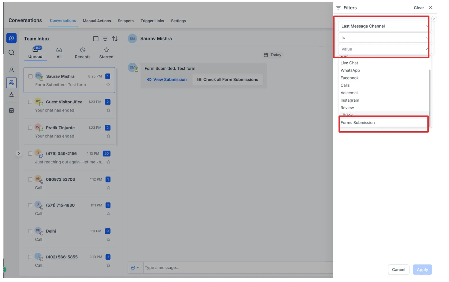 Conversations filter panel with Last Message Channel set to Forms Submission