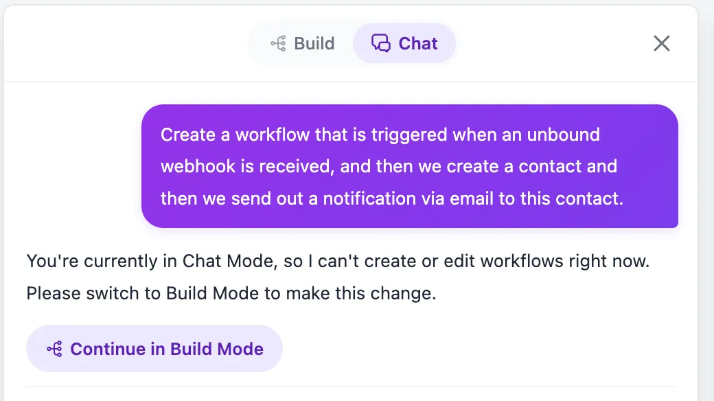 Continue in Build Mode from chat