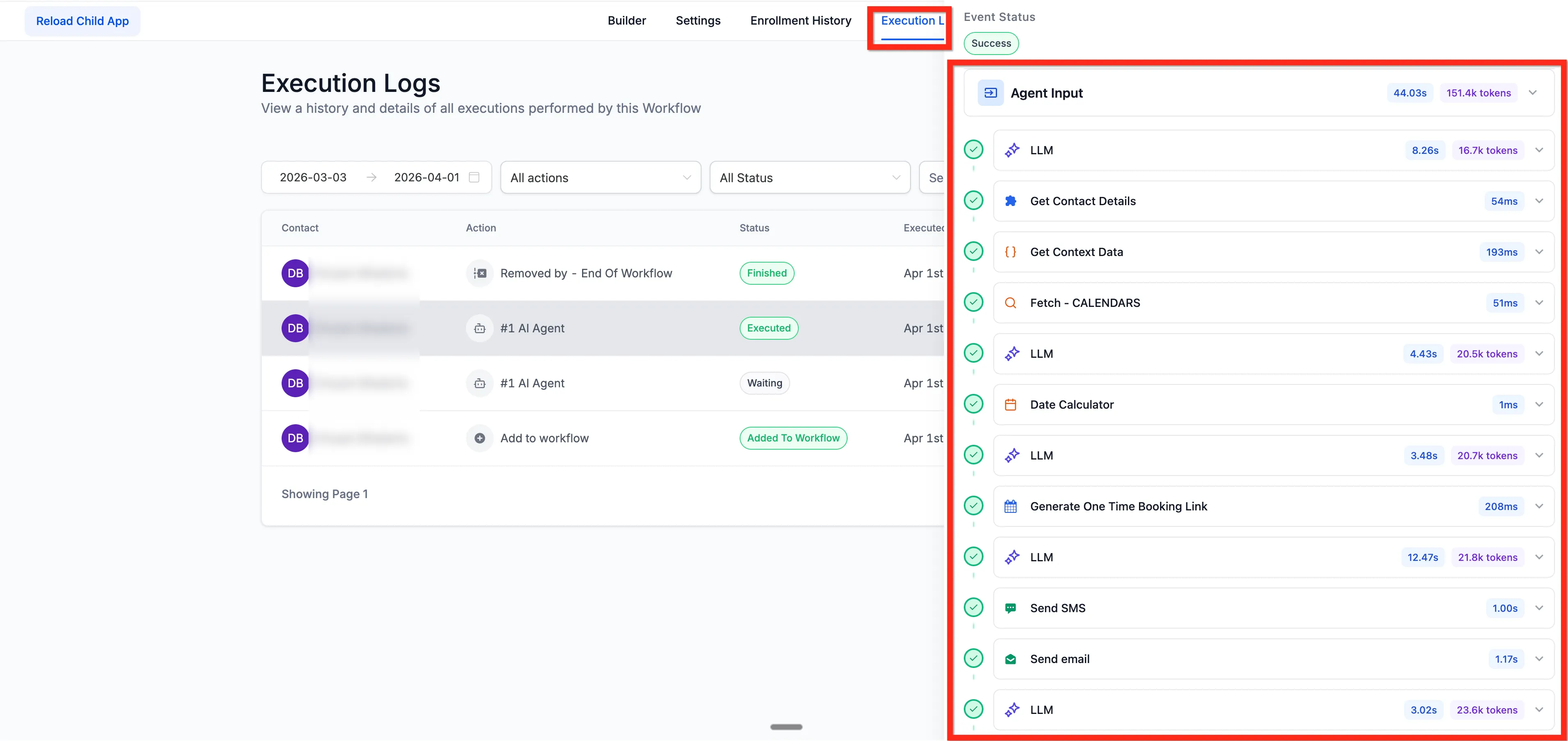 Execution log view