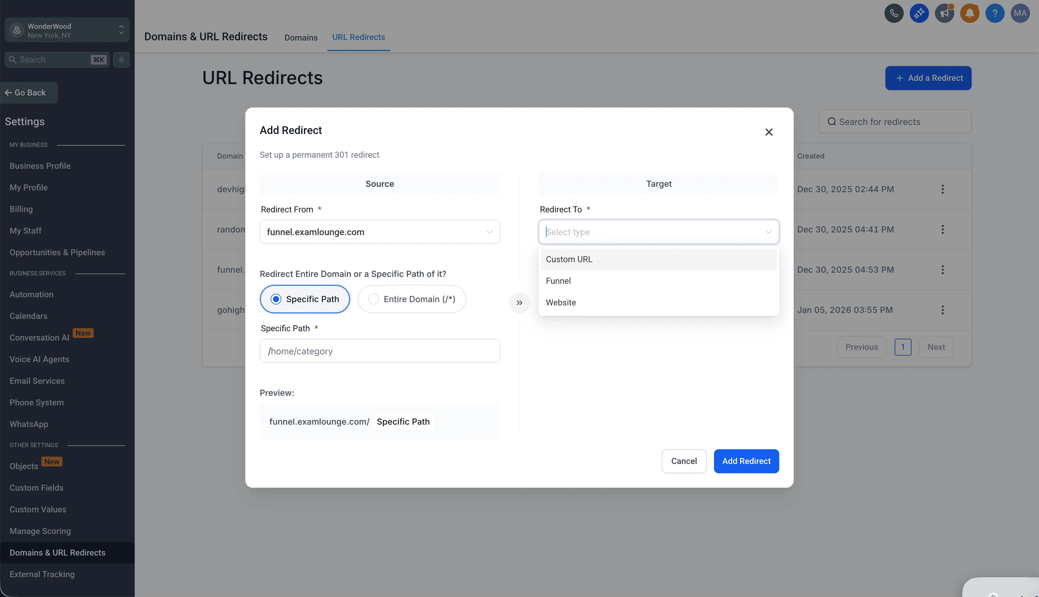 Refreshed URL Redirect setup interface in SMBcrm
