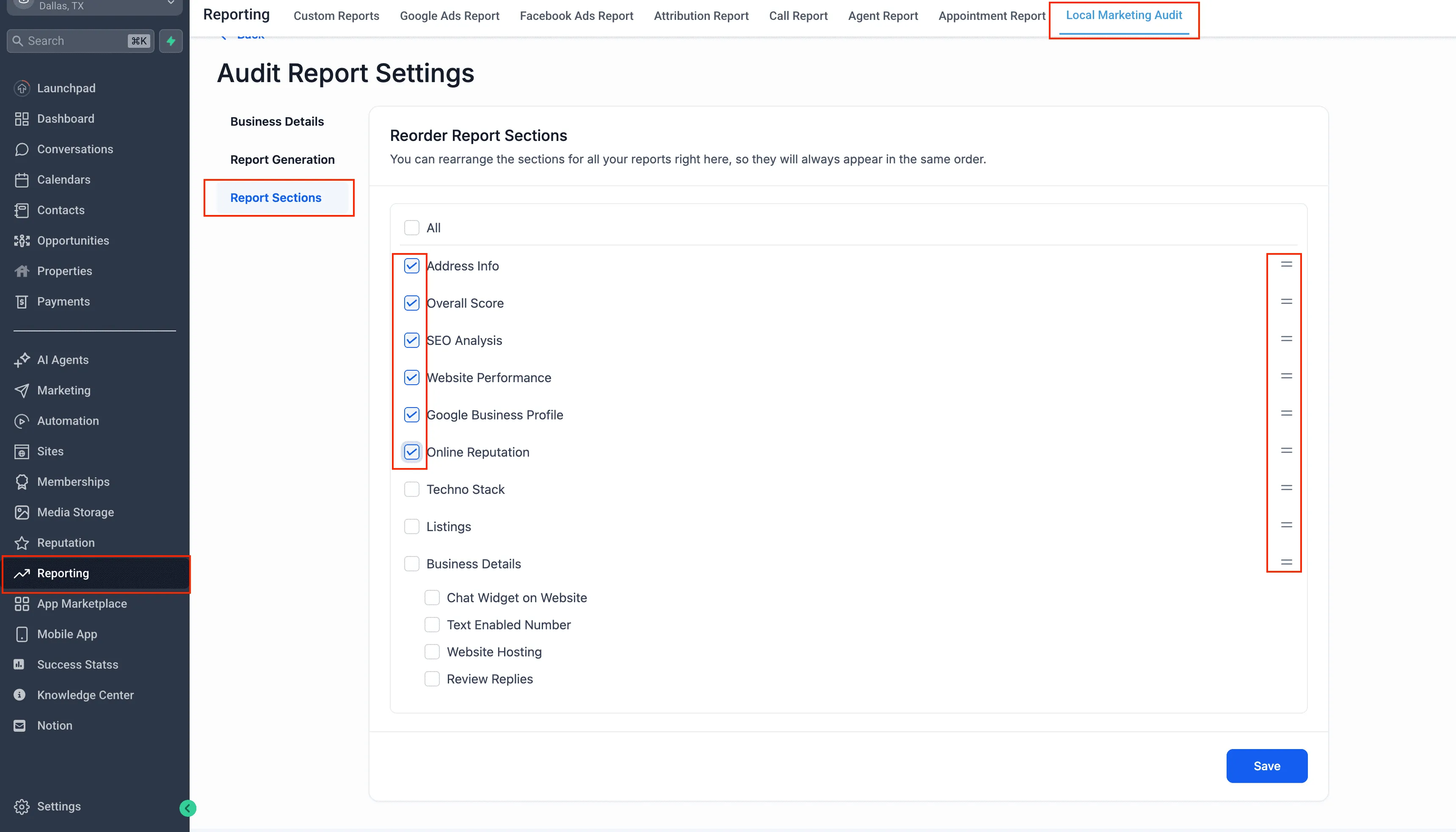 Report Sections customization with drag-and-drop reordering for Local Marketing Audits