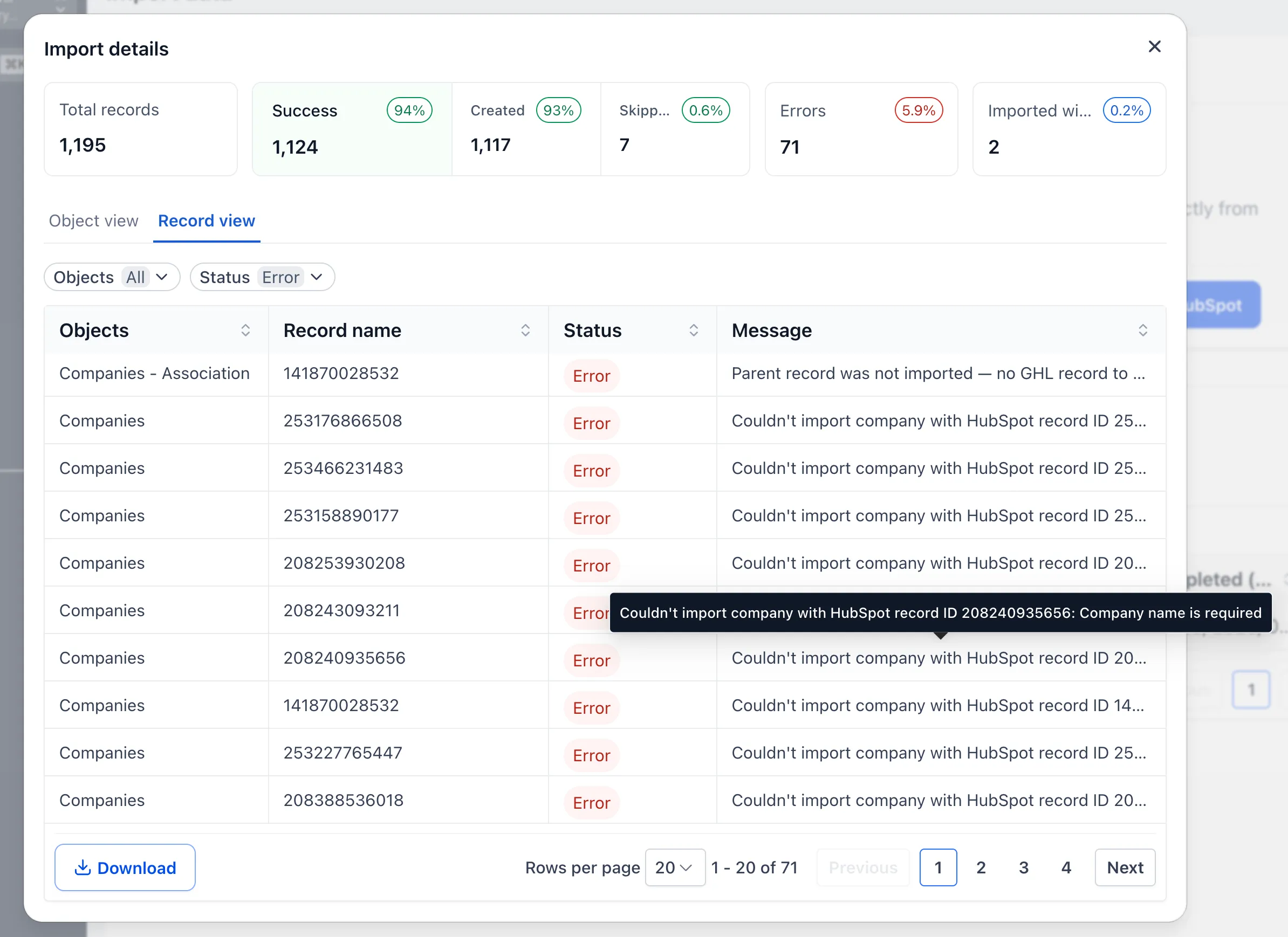 Import error details in SMBcrm