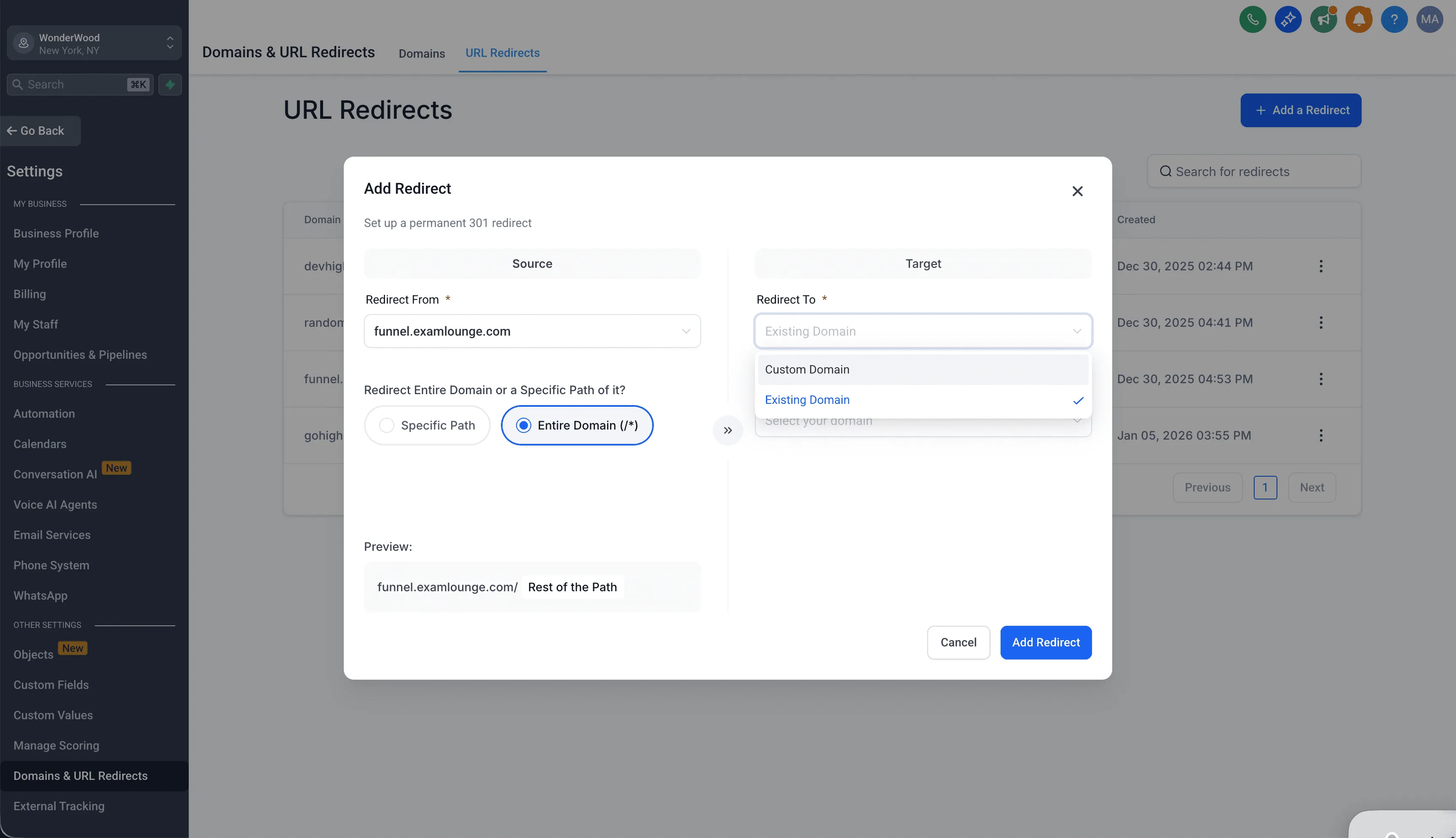 External domain redirect setup for full domain redirects in SMBcrm