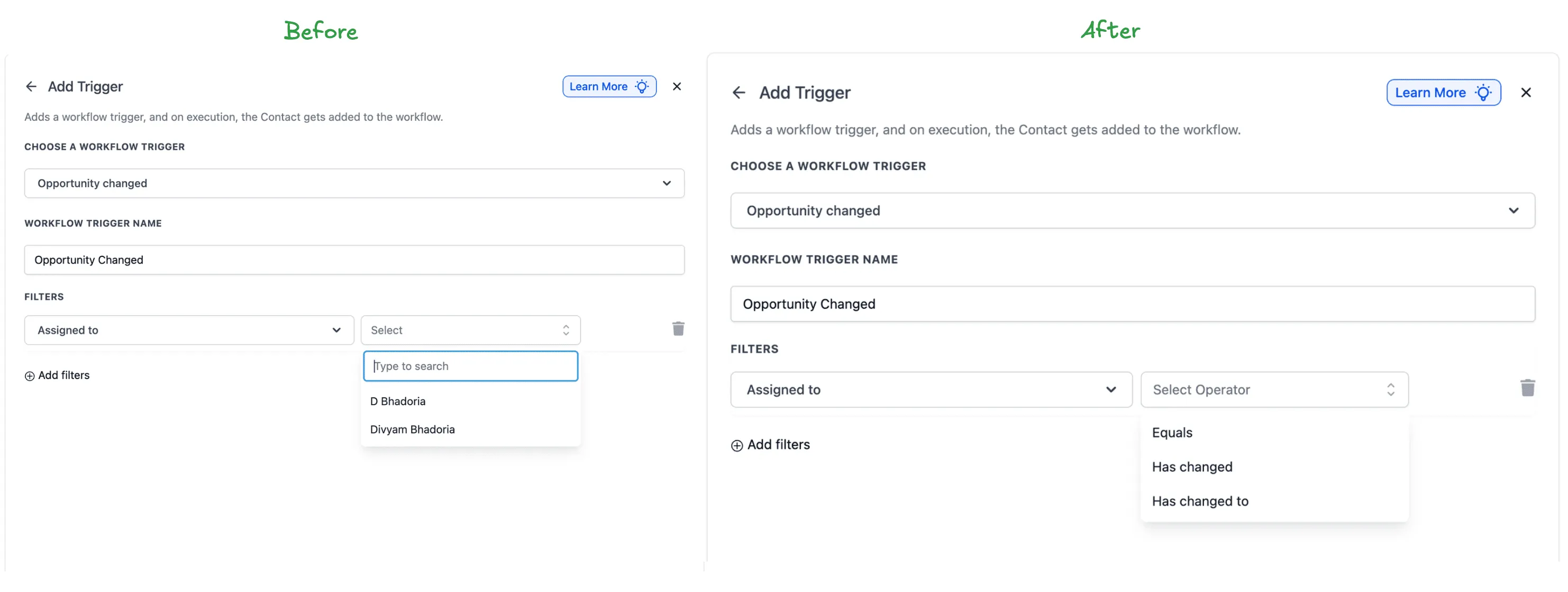 Has Changed To operator configuration on opportunity fields in SMBcrm