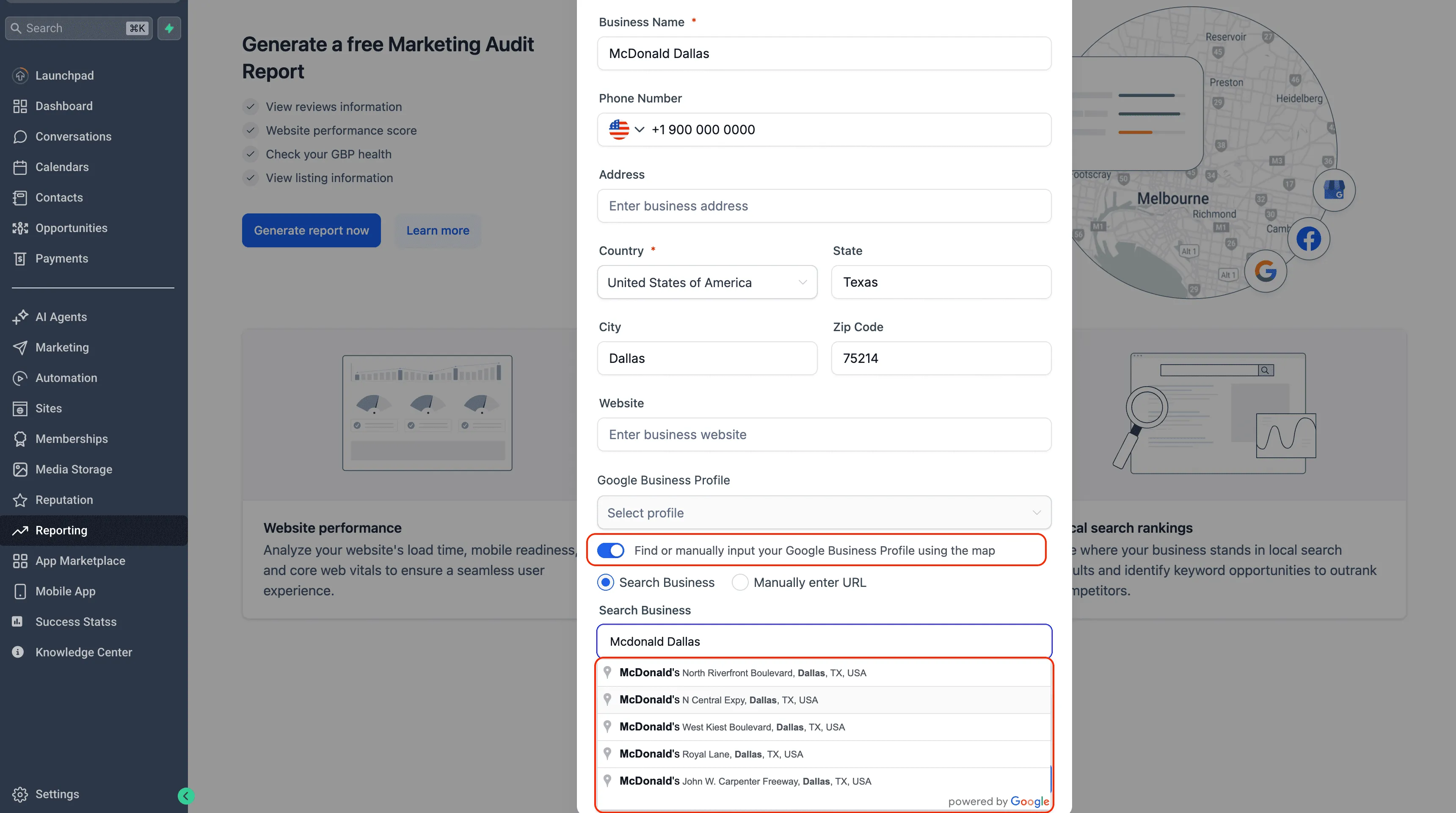 Google Business Profile selection for Local Marketing Audit in SMBcrm