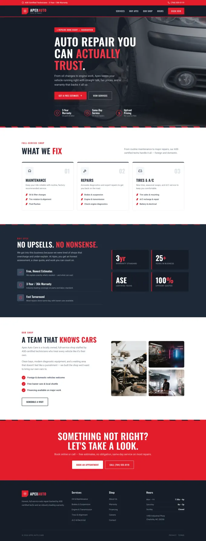 Example homepage design for a auto repair business