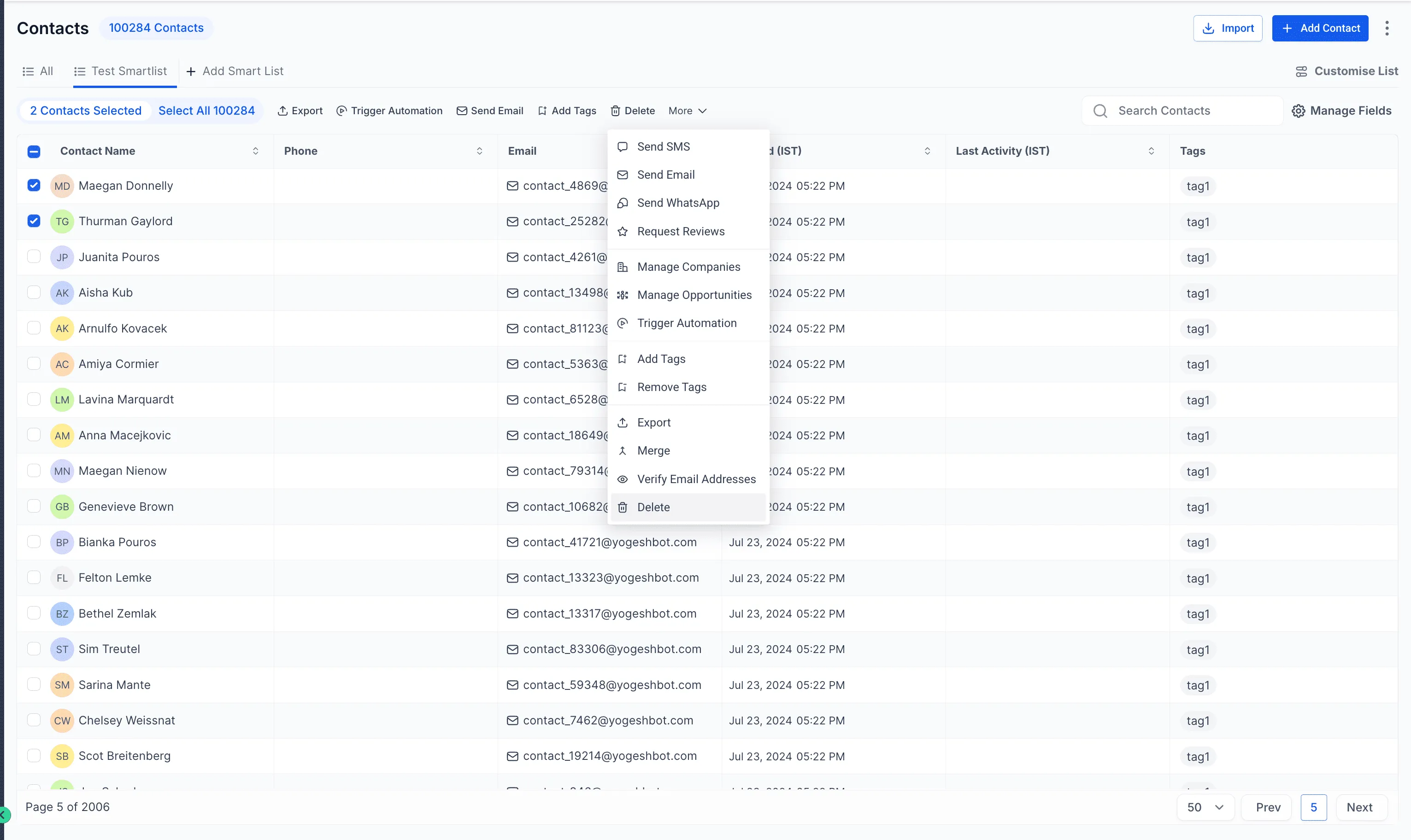 Refreshed Contacts list view with improved column controls in SMBcrm