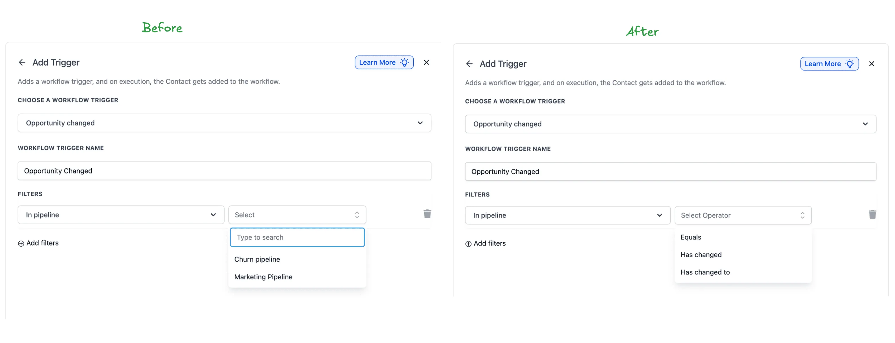 Event-based field change operators for opportunity trigger in SMBcrm Workflows