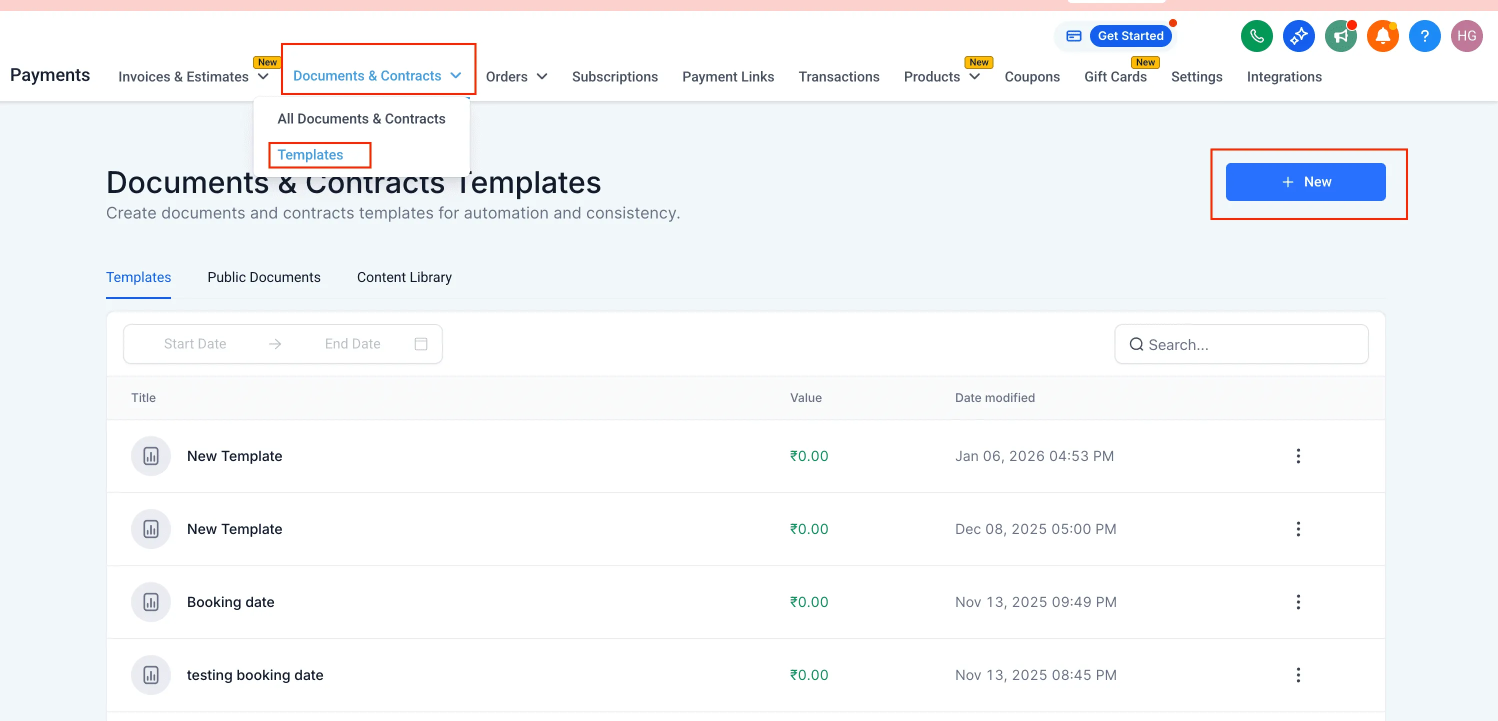 Documents and Contracts Templates list in SMBcrm Payments