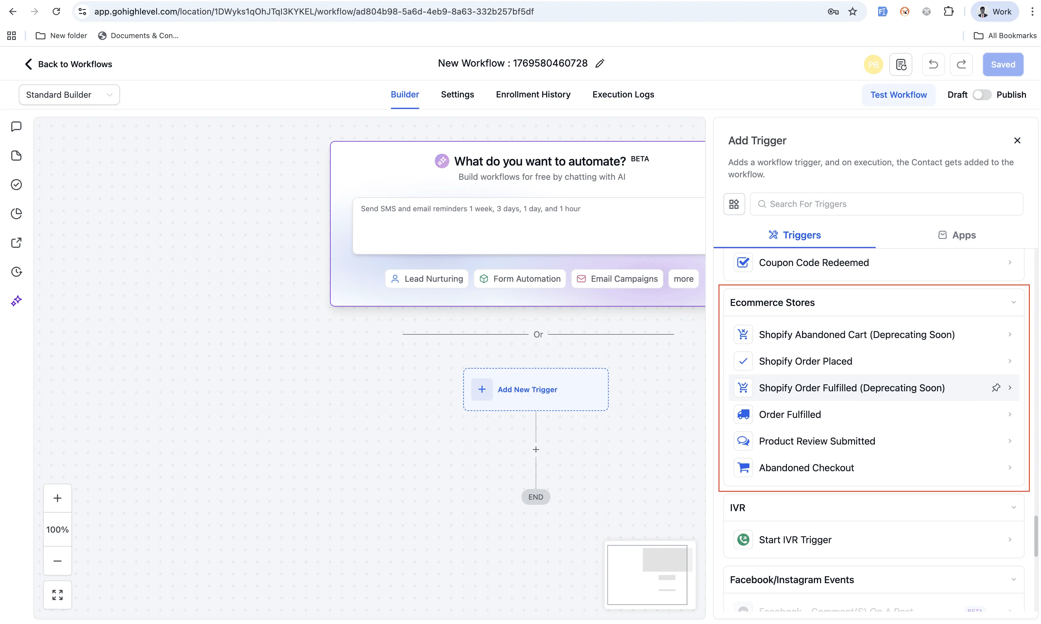 Ecommerce Stores trigger category selection in SMBcrm Workflows