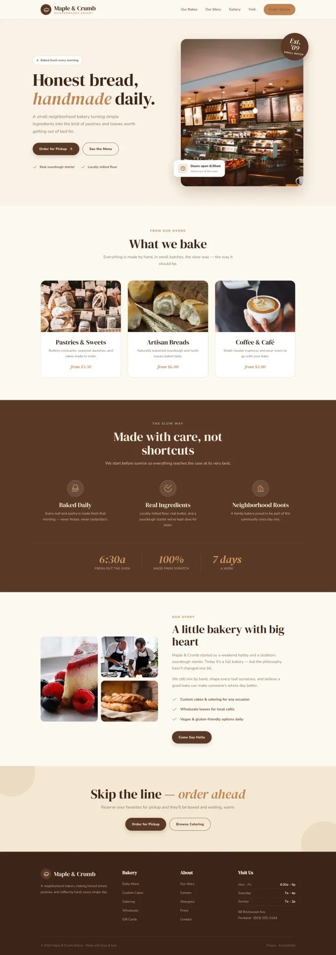 Example homepage design for a café & bakery business