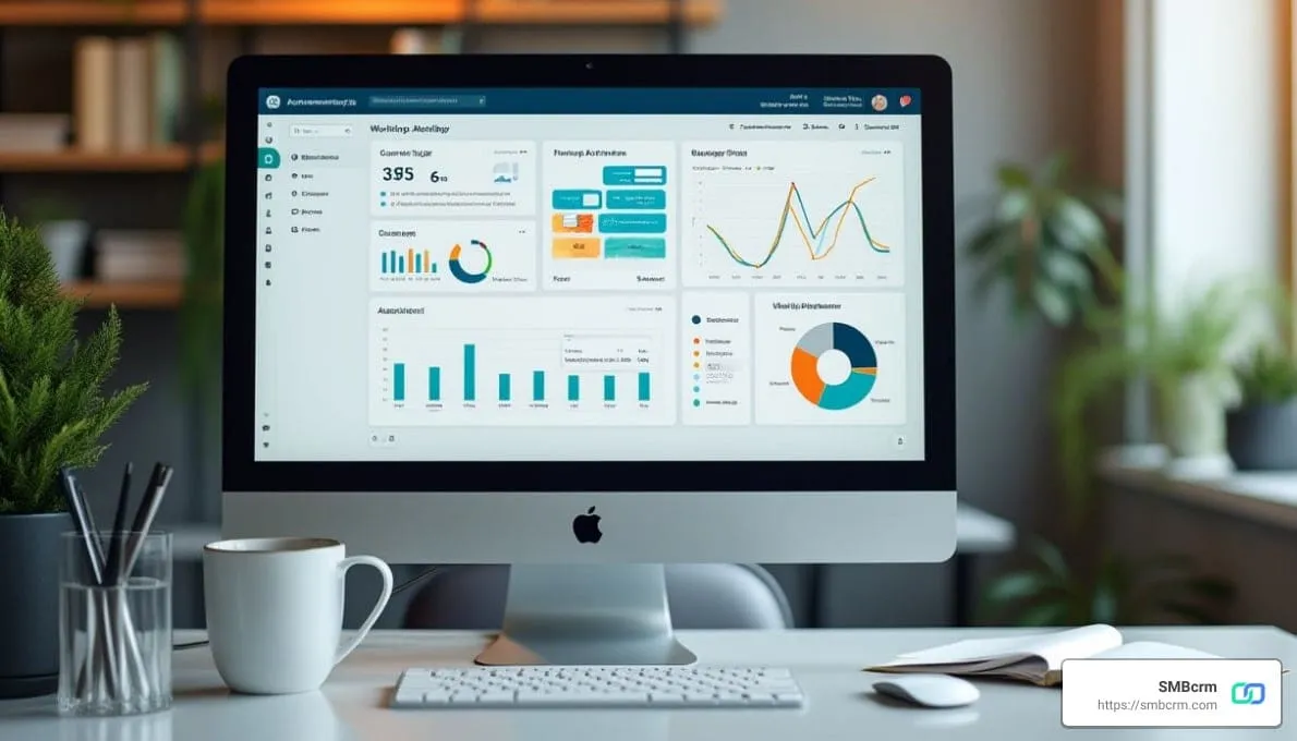 SMBcrm dashboard showing workflow metrics, pipeline overview, and analytics on a desktop display