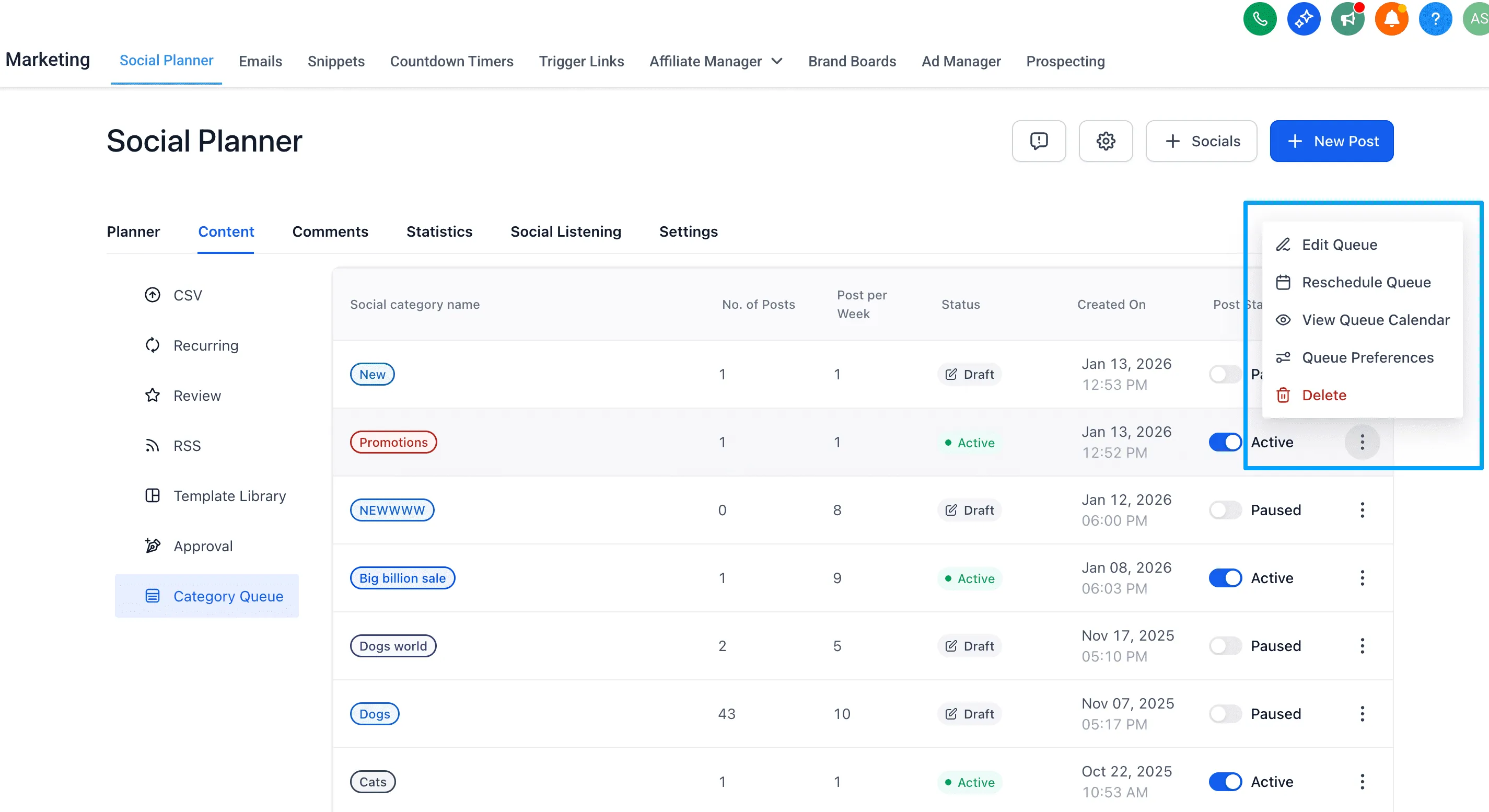 Social Planner Category Queues management interface in SMBcrm