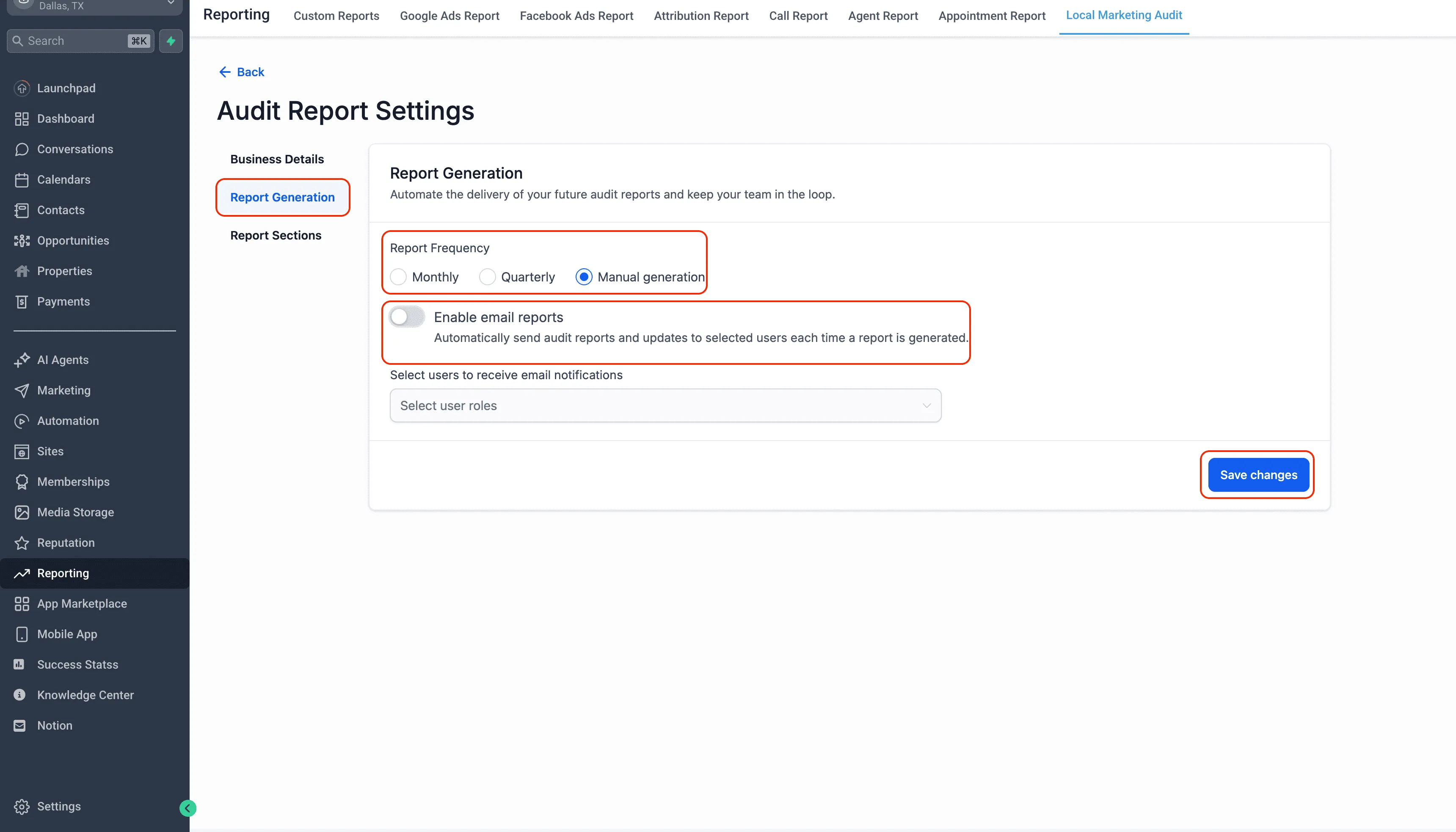 Audit settings menu for configuring future Local Marketing Audit reports in SMBcrm