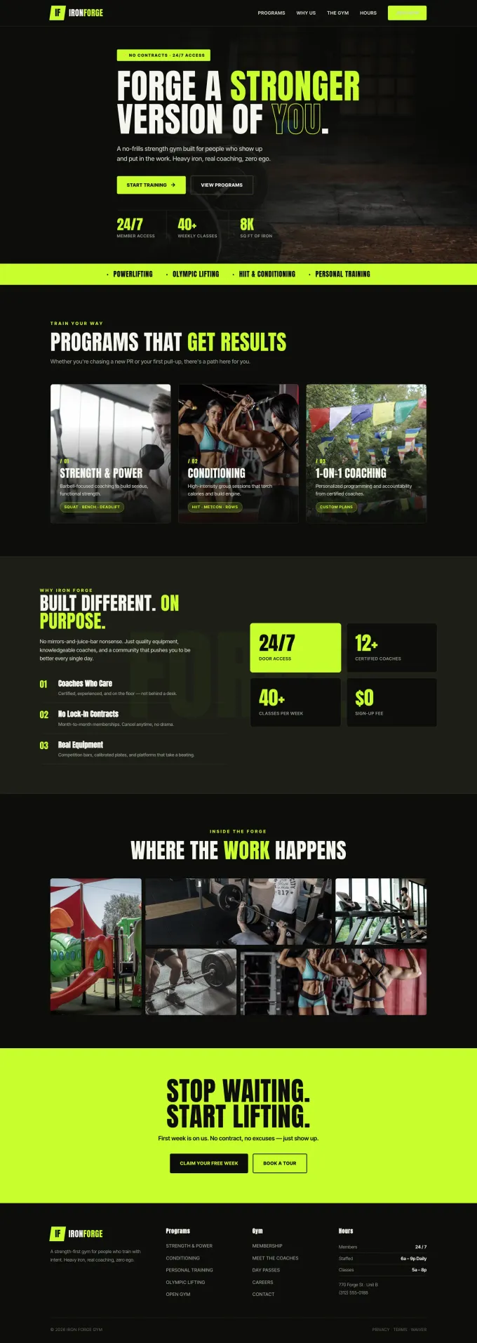 Example homepage design for a fitness business
