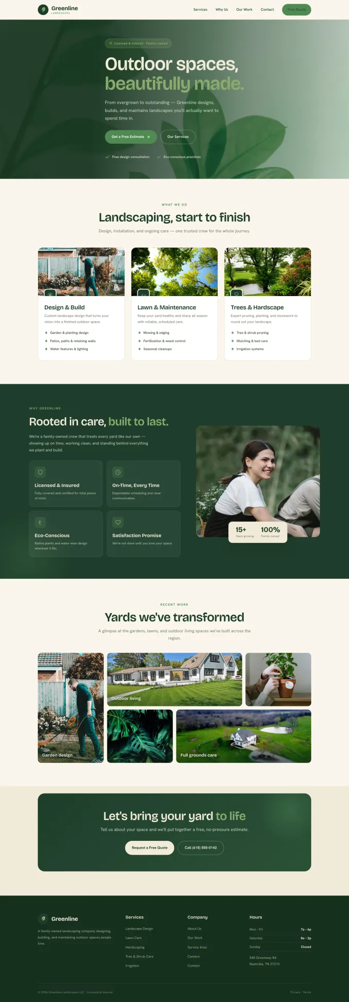 Example homepage design for a landscaping business