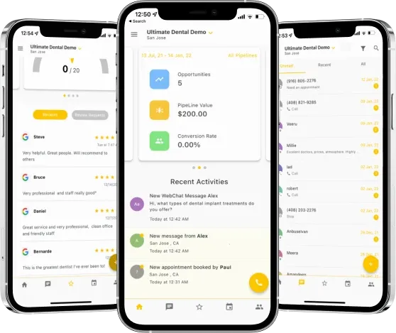 SMBcrm mobile app showing reviews, dashboard with opportunities and pipeline value, and contacts list across three iPhone devices
