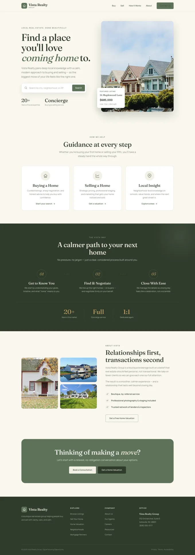 Example homepage design for a real estate business