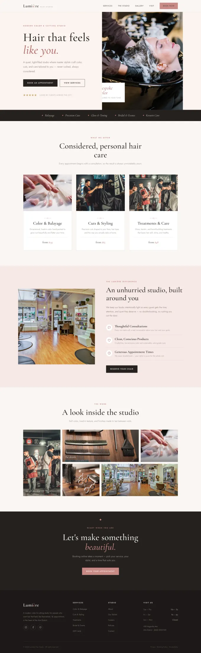 Example homepage design for a salon & beauty business