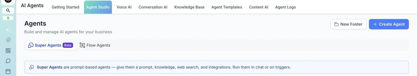 Super Agents beta tab inside Agent Studio in SMBcrm